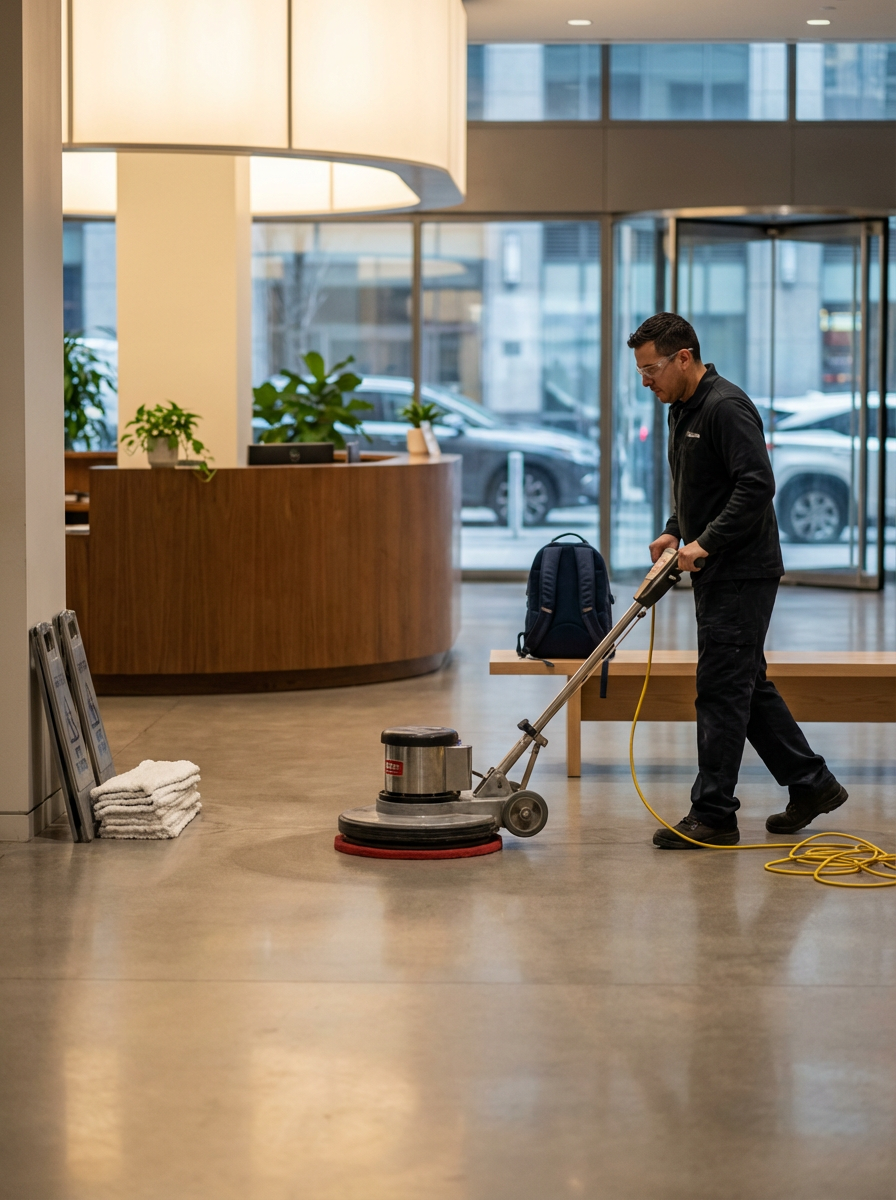 A janitor cleaning the floor with a floor scrubber machine in a modern hotel lobby.