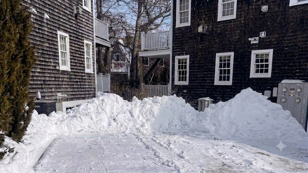 Snow-covered alleyway between two multi-story houses with wooden siding, surrounded by large snow piles, residential buildings, and trees in winter.