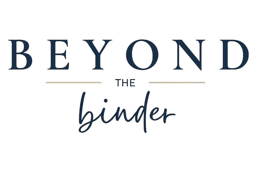 Logo with the text 'Beyond the Binder' in blue and gold colors, with stylized font and decorative elements.