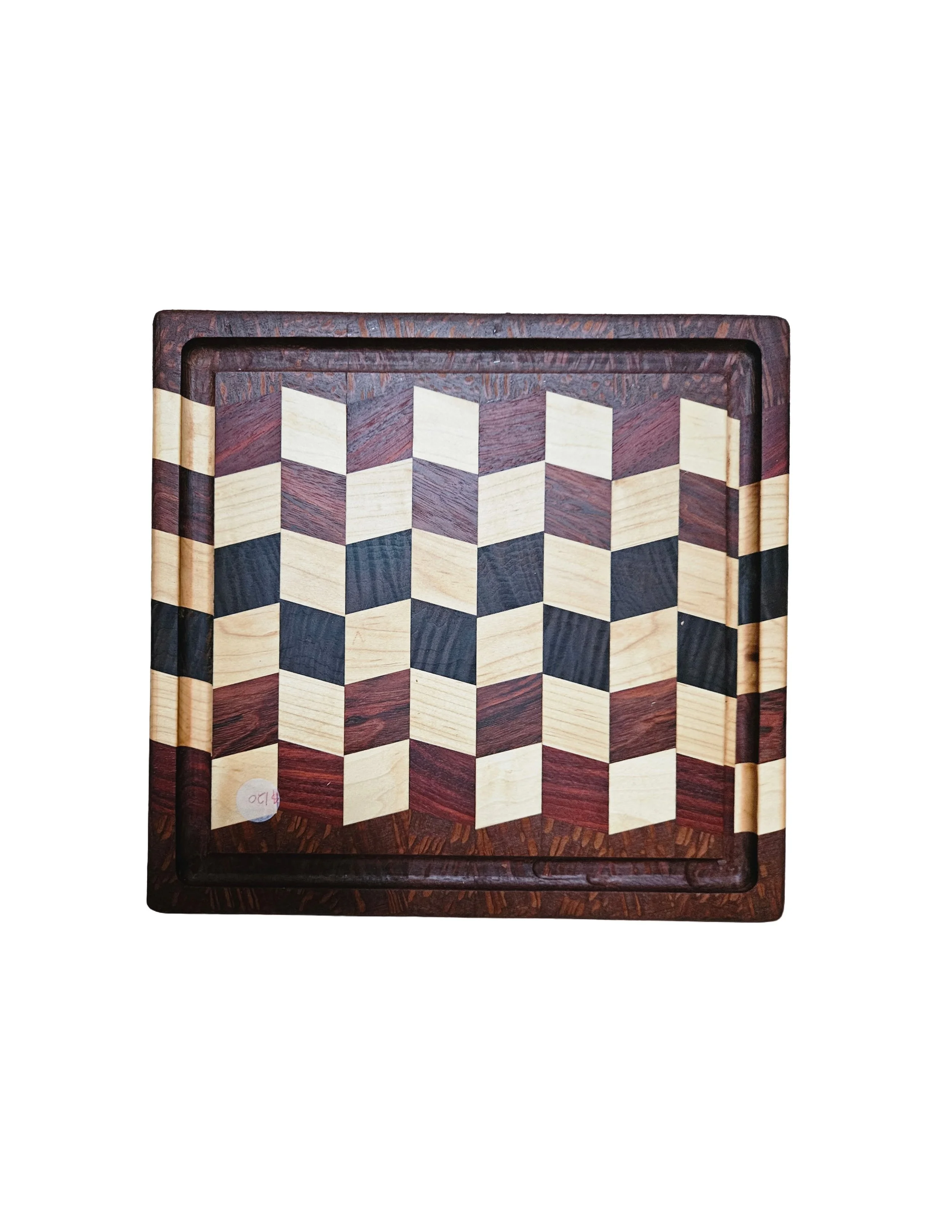 A chessboard with a geometric pattern made of dark and light wood pieces, framed with dark wood.