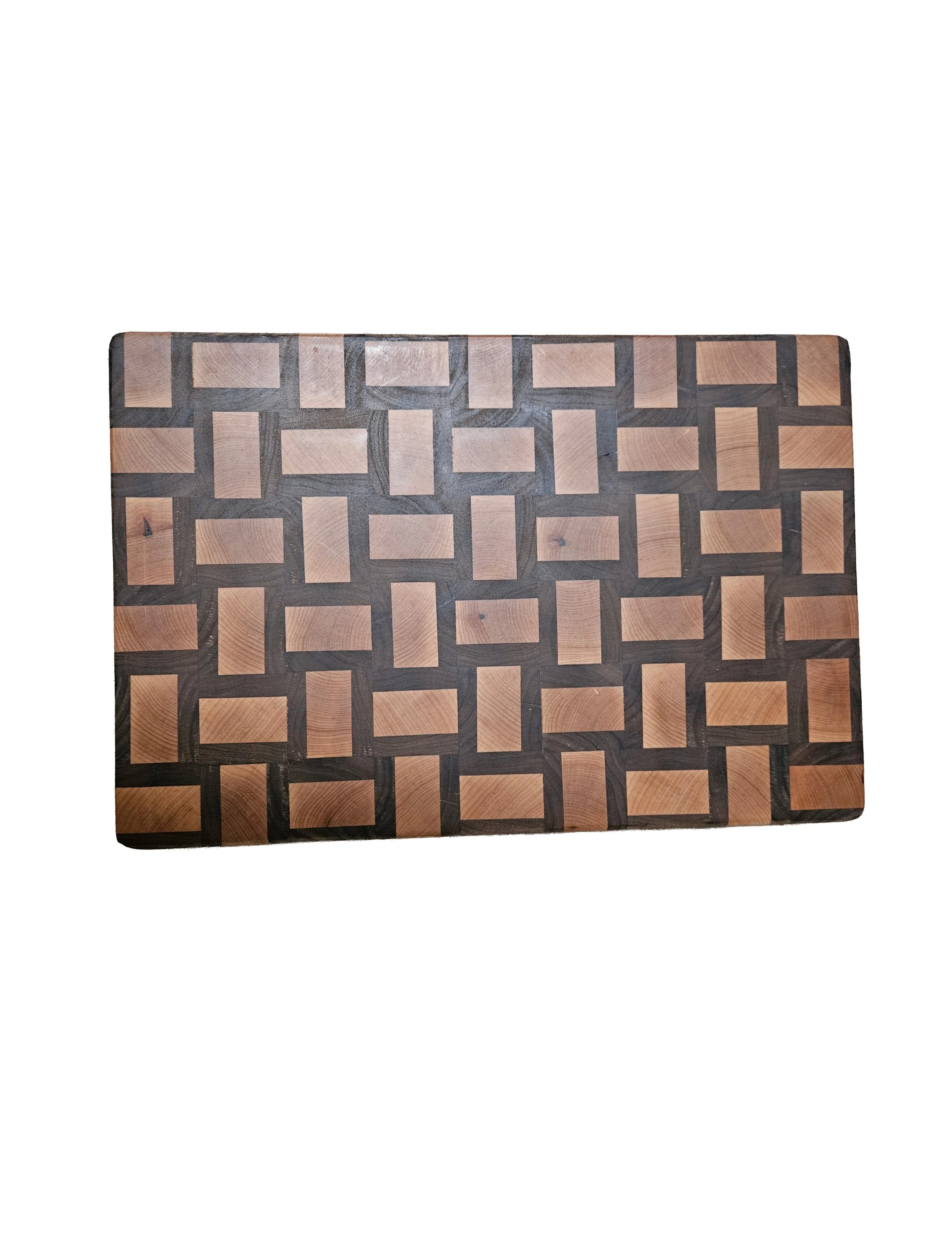 Wooden block puzzle with interlocking rectangular pieces in light and dark wood tones.