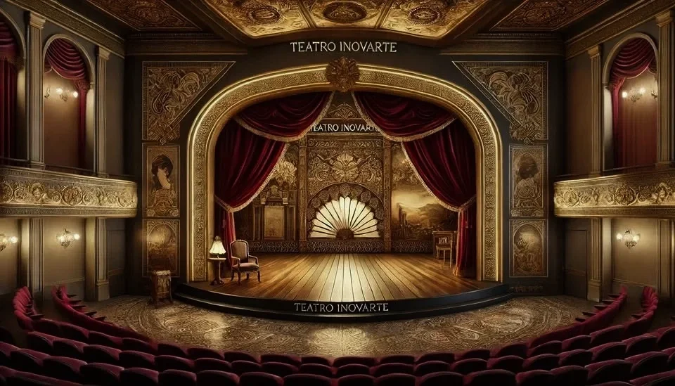 Empty theater stage with red curtains, ornate gold detailing, and vintage props, including chairs and a lamp.