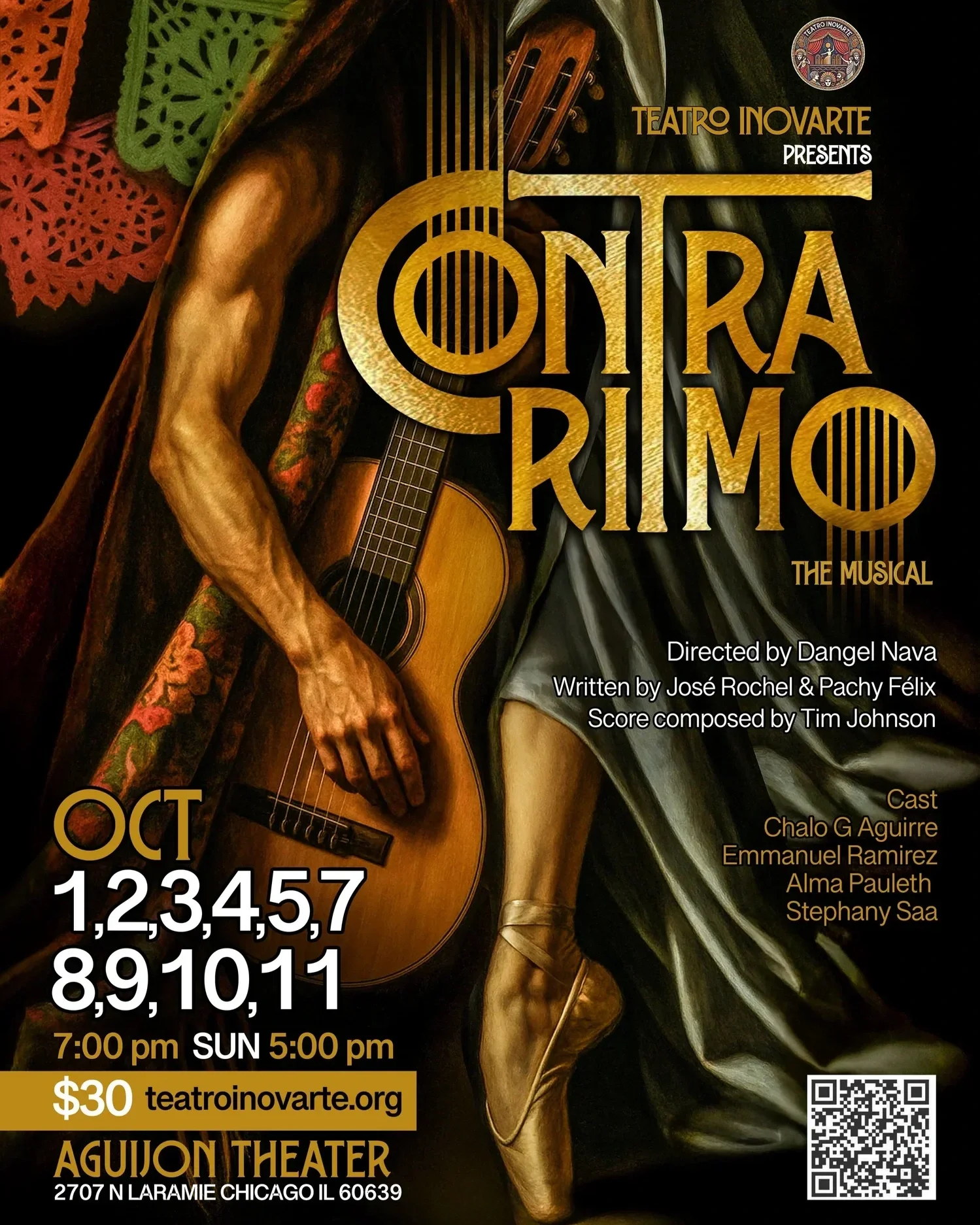 Poster for the musical 'Congaira Rimo' presented by Teatro Inovarte. Features an image of a dancer dressed in traditional Mexican attire holding a guitar. The event is scheduled for October 1, 2, 3, 4, 5, 7, 8, 9, 10, and 11, starting at 7:00 pm on weekdays and 5:00 pm on Sundays, held at Aguion Theater, 2707 N Laramie, Chicago, IL. Tickets are $30. Cast includes Chalo G Aguirre, Emmanuel Ramirez, Alma Pauleth, and Stephany Sa. There is a QR code and a website link for tickets.
