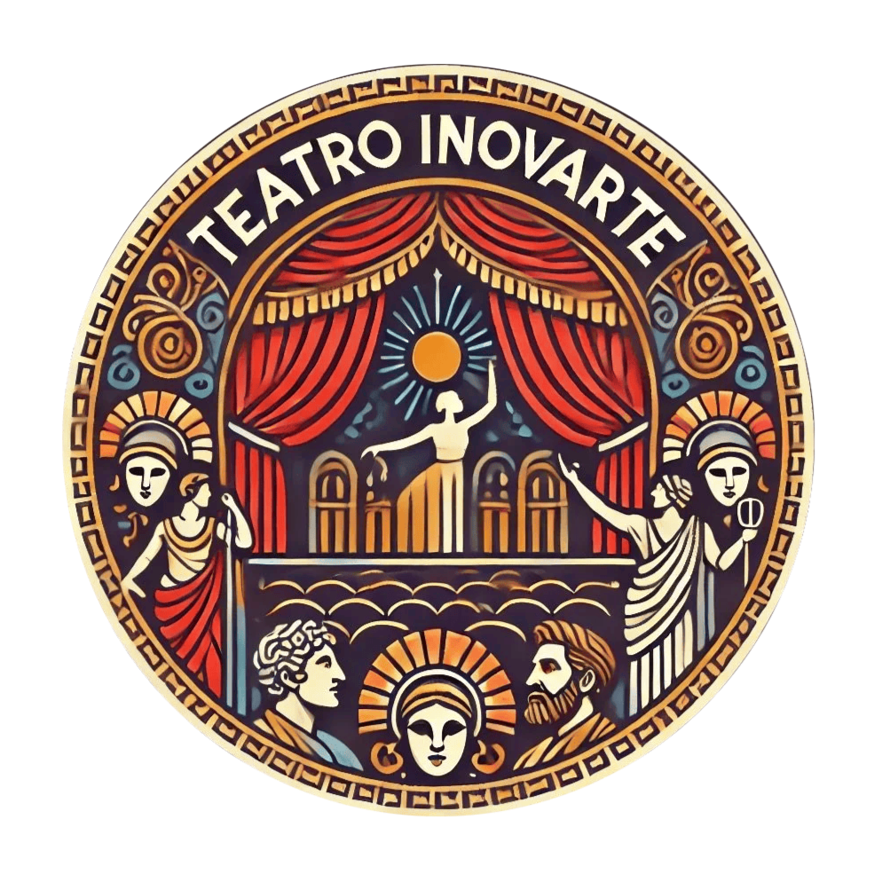 Logo for Teatro Inovarte with theatrical figures, a stage, red curtains, and Greek-inspired decorative elements.