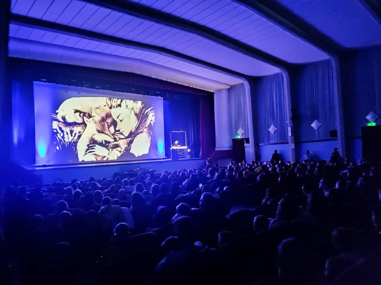 La platea davanti al grande schermo durante Il Piccolo Principe, spettacolo di sand art di Nadia Pretto a teatro