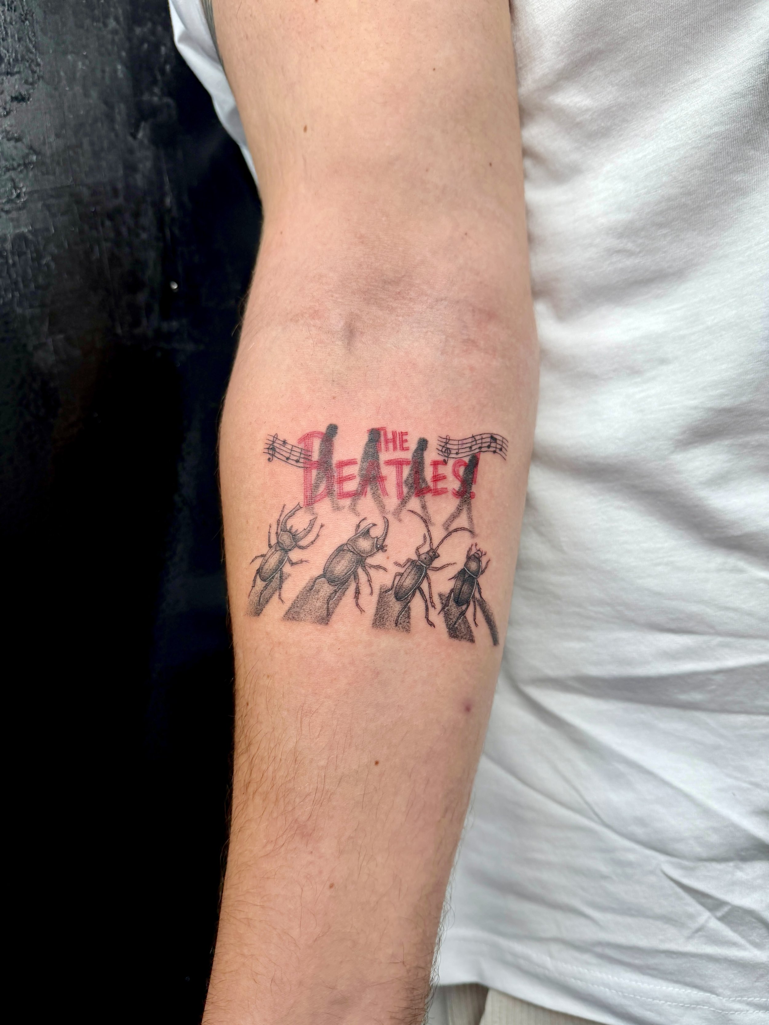 A person's inner forearm with a tattoo of the words 'The Beatles' and several beetles crawling along the skin.