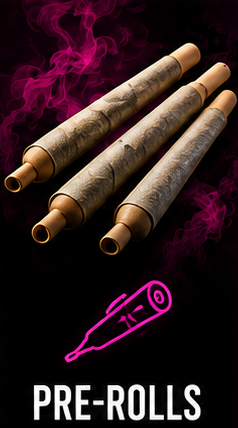 Three pre-rolled joints with pink smoke rising behind them and a pink lighter illustration, with the caption 'PRE-ROLLS' at the bottom.