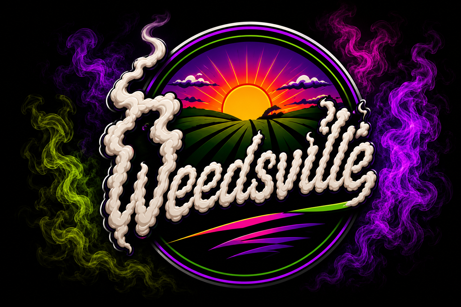 A neon-style graphic with a sunset over rolling green hills and the word "Vapestate" written in stylized vapor-like letters, surrounded by colorful neon smoke.