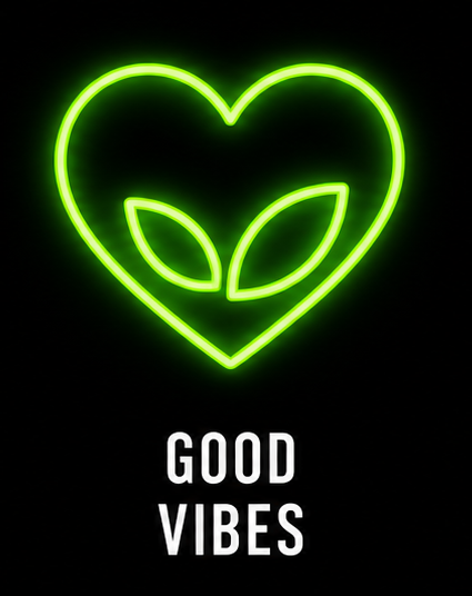 A neon green heart with an alien face inside it against a black background, with the words "Good Vibes" written below.