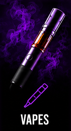 Vape pen with vapor and purple smoke, with the word "Vapes" and a drawing of a vape pen at the bottom.
