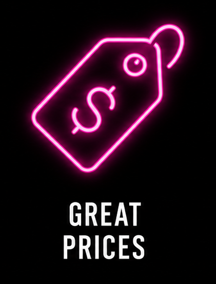 Neon pink outline of a price tag with a dollar sign in the center and a circular hole at the top, against a black background, with the text 'GREAT PRICES' at the bottom.