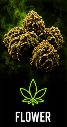 Close-up of cannabis buds with green smoke and a cannabis leaf graphic, labeled 'Flower'.