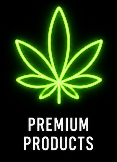 Neon green marijuana leaf above the words "Premium Products" in white text