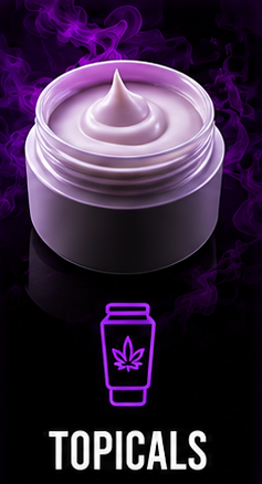 A jar of purple topical cream with a swirl on top, against a dark background with purple smoke, and an icon of a cannabis leaf on a tube below, labeled 'TOPICALS'.
