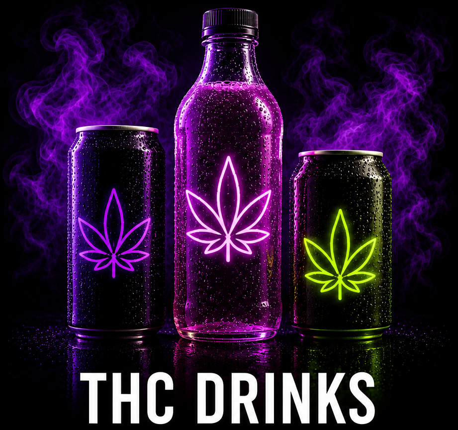 Neon-lit cans and a bottle with cannabis leaf symbols glowing, surrounded by purple smoke, labeled 'THC DRINKS'