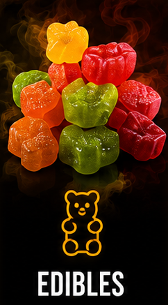 Colorful gummy bear-shaped candies with smoke or steam rising from them, positioned above a bear-shaped outline and the word 'EDIBLES'.