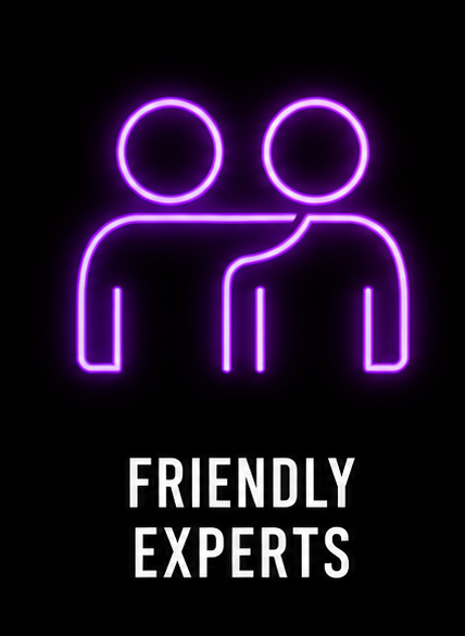 Neon purple outline of two people with the words 'Friendly Experts' below.