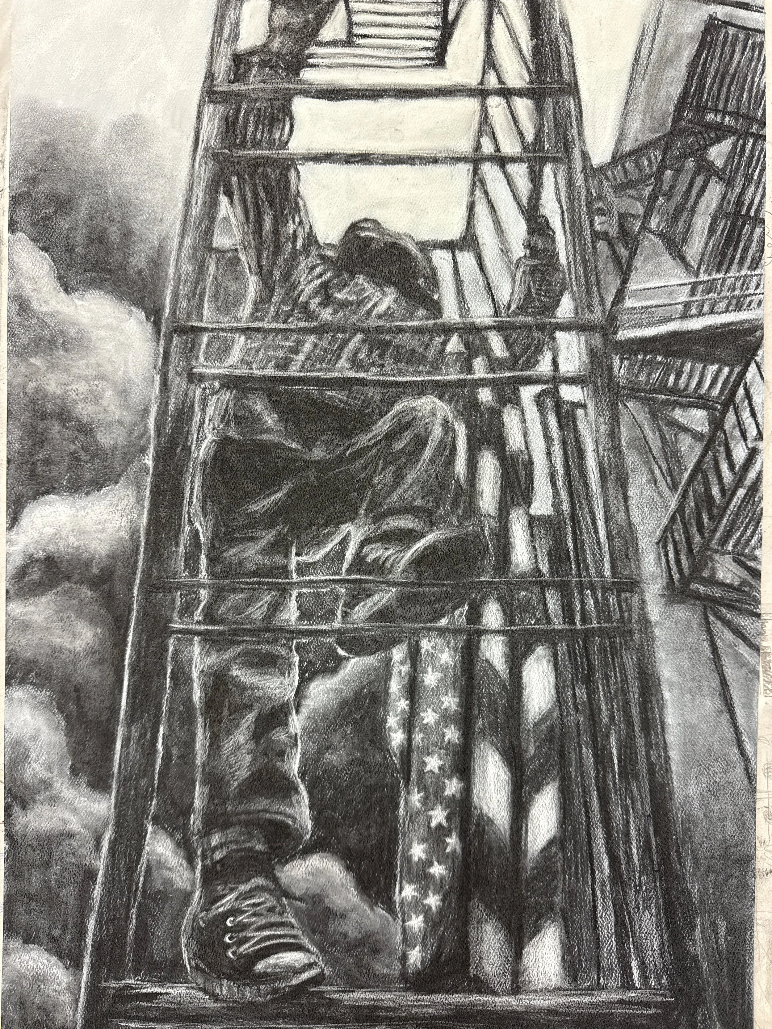 A pencil drawing of a person with long hair, wearing a jacket with stars on the sleeves, sitting at the bottom of a fire escape staircase.