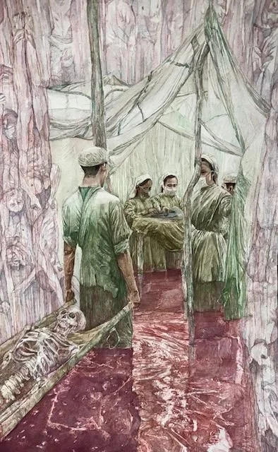 Military medical personnel attending to a patient inside a tent with skeleton on a table