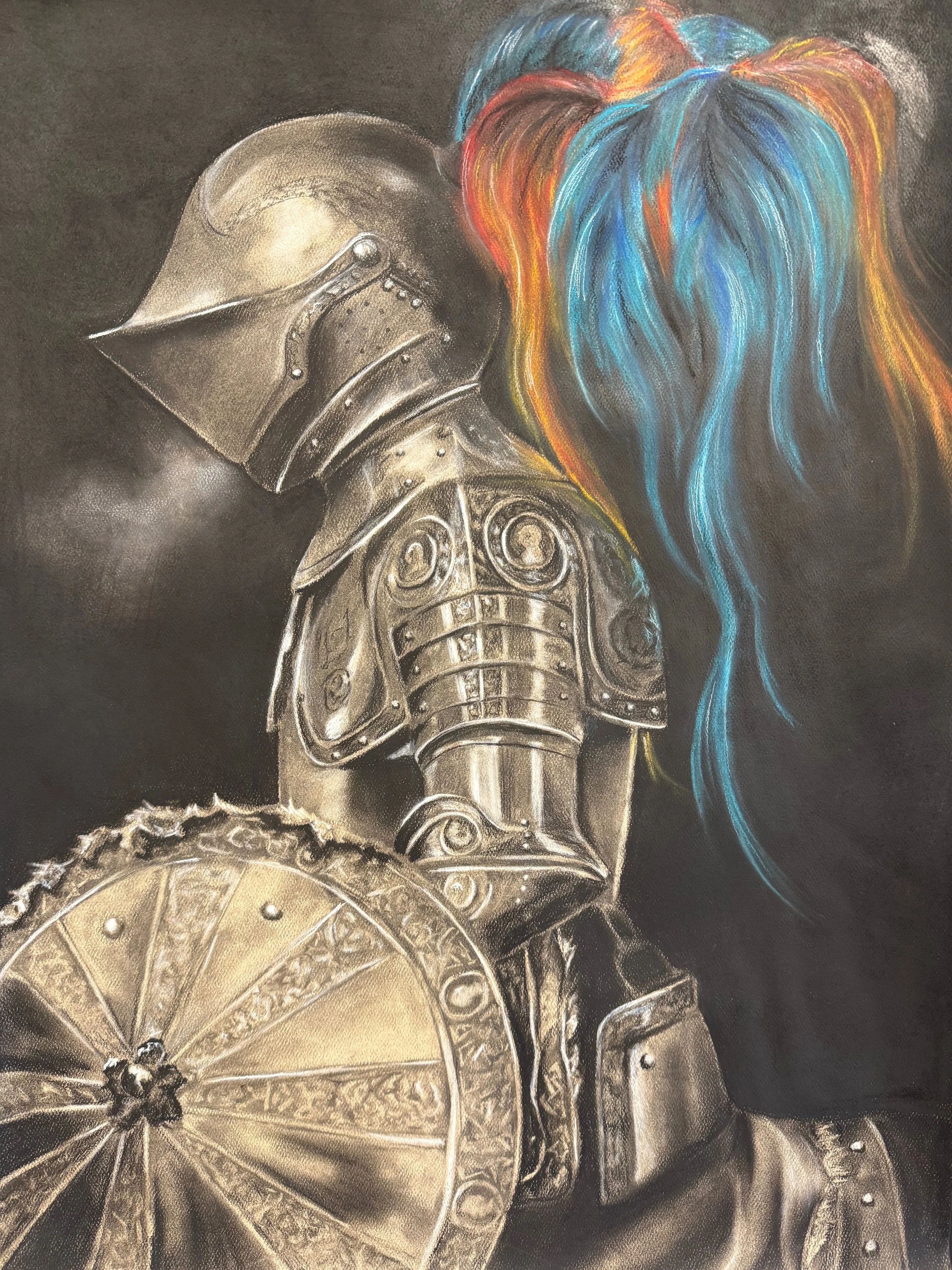 A chalk drawing of robotic elements with swirling designs on a black background, accented with colorful streaks resembling hair in shades of red, orange, yellow, blue, and turquoise.