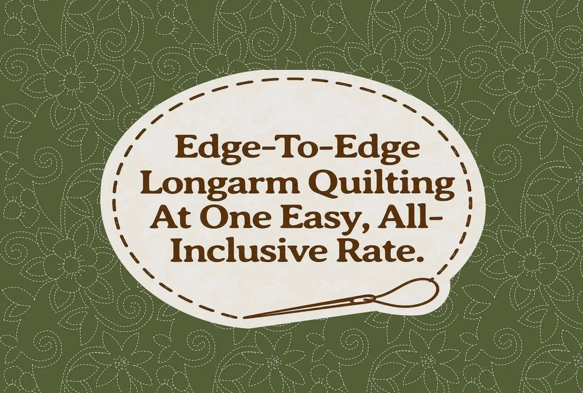 A quilted fabric with a floral and swirl pattern in green and white, with a circular label in the center containing text about quilt crafting and pricing.