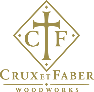 Logo for Crux et Faber Woodworks with a cross and the letters C and F inside a diamond shape.