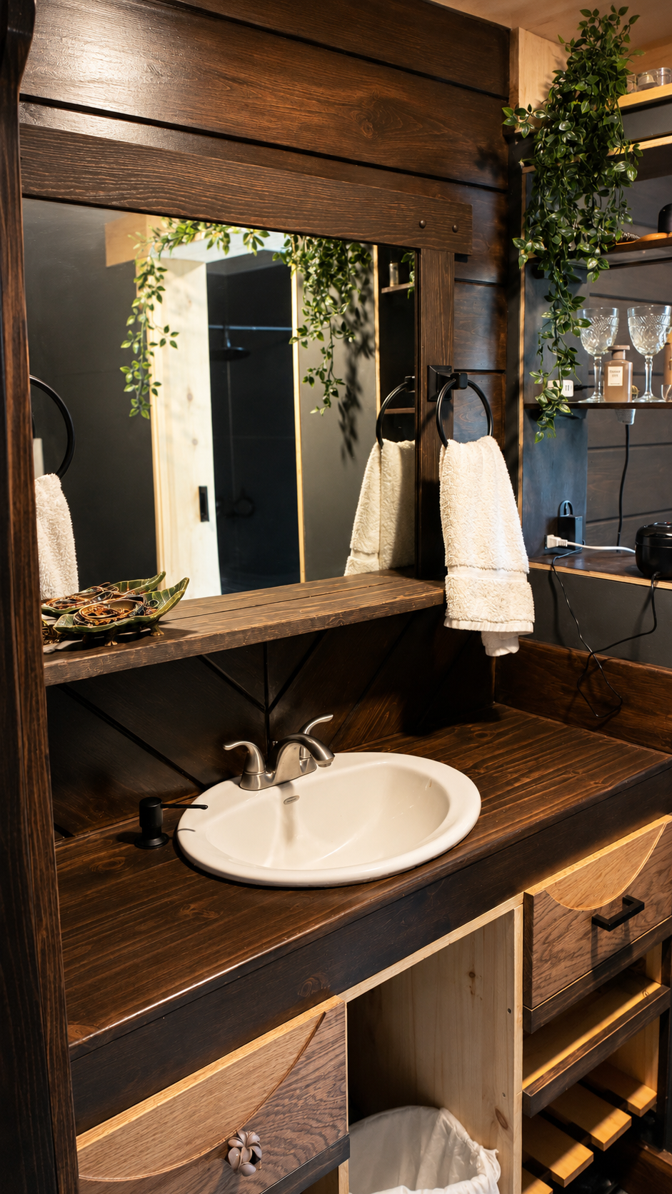 A rustic bathroom vanity with a white sink, a mirror with a dark wooden frame, two white towels hanging on black towel rings, and a shelf with glassware and decorative items. There are green plants hanging and a reflection of a shower area in the mirror.