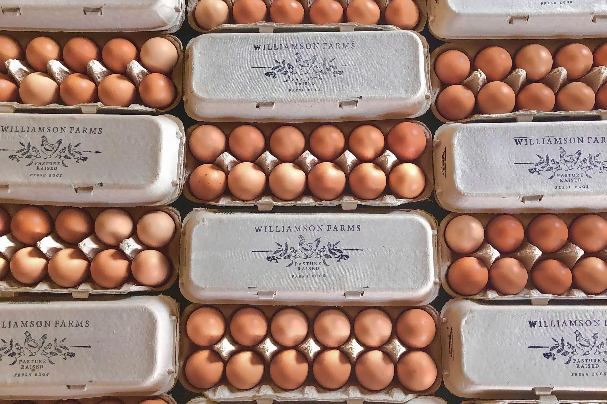 Multiple cartons of eggs labeled Williamson Farms, arranged in a grid pattern.