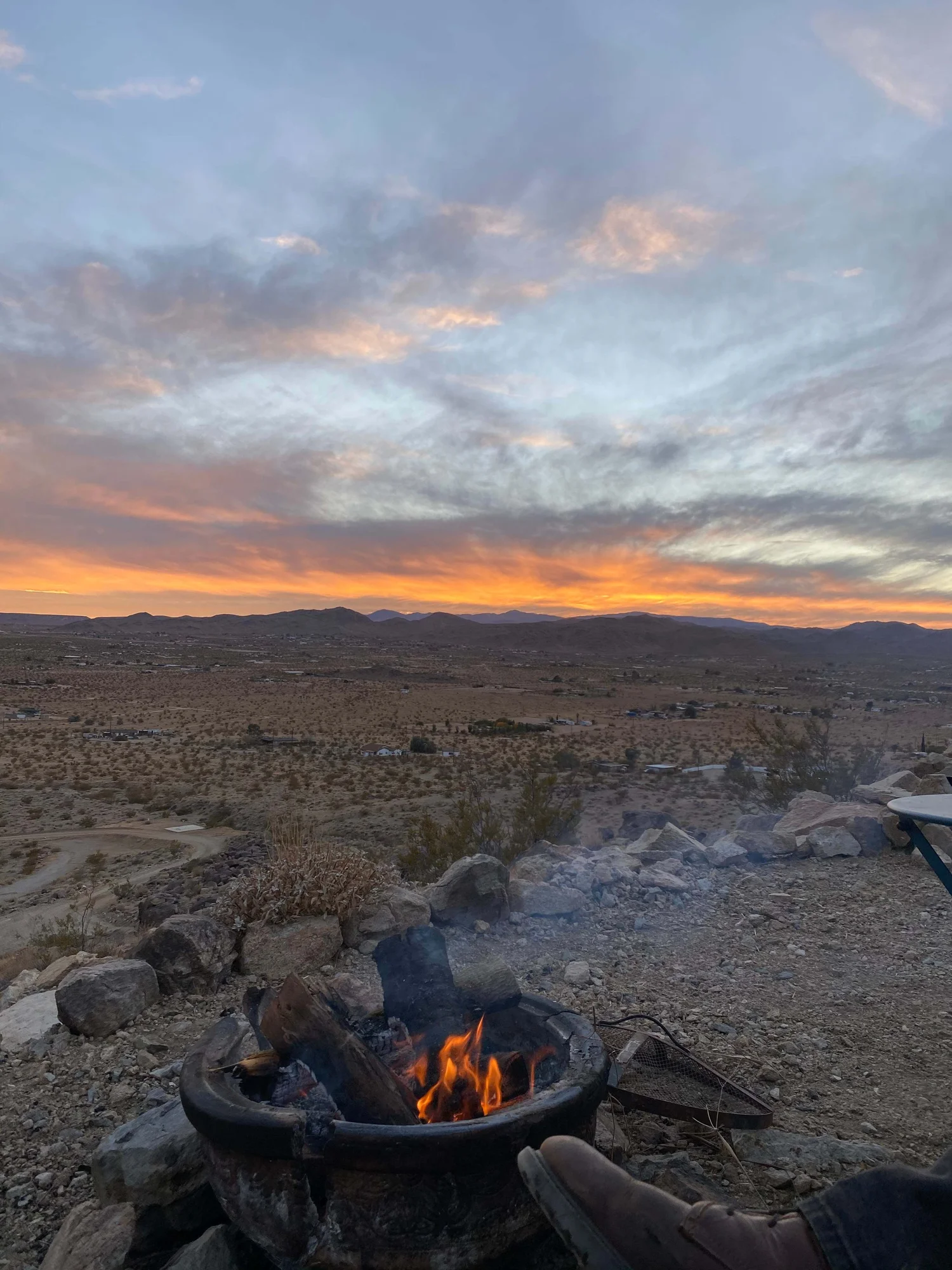 Campsite fire pit at sunset, Moon Rock Ranch