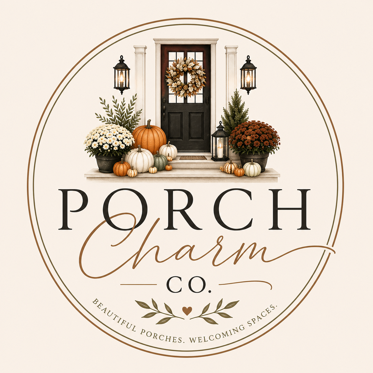 Decorative logo for Porch Charm Co. featuring a front porch with autumn decorations, including pumpkins, potted flowers, and lanterns, alongside the text 'Porch Charm Co.' and the slogan 'Beautiful porches, welcoming spaces.'
