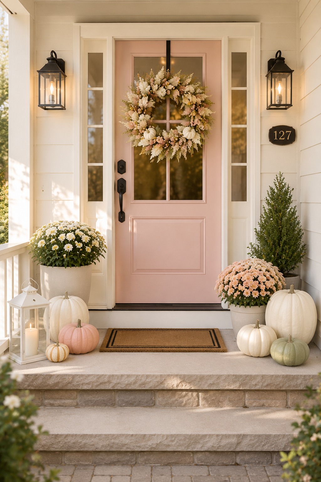 Decorated front porch with a pink door featuring a floral fall wreath, surrounded by white, peach, and green pumpkins, potted plants, a white lantern with a candle, and a welcome mat, illuminated by black wall lanterns.