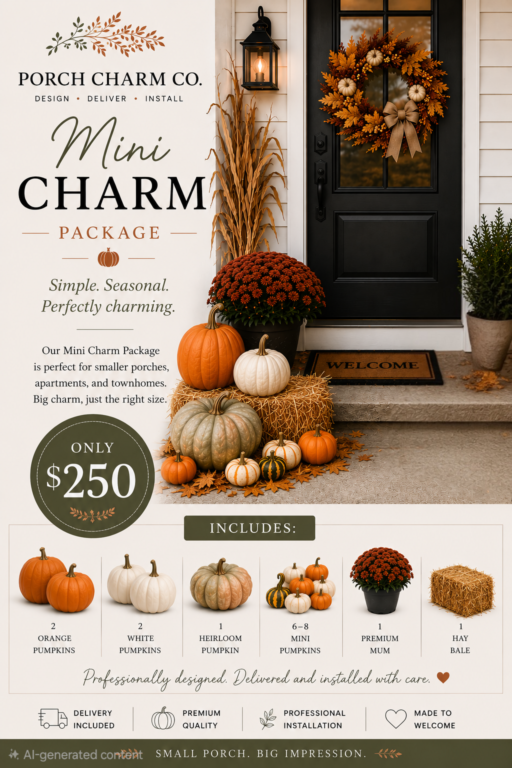 An advertisement for Porch Charm Co.'s Mini Charm Package featuring fall-themed porch decor. The display includes pumpkins, mums, hay bale, and a wreath on a black door, with a sign mentioning the package price of $250.