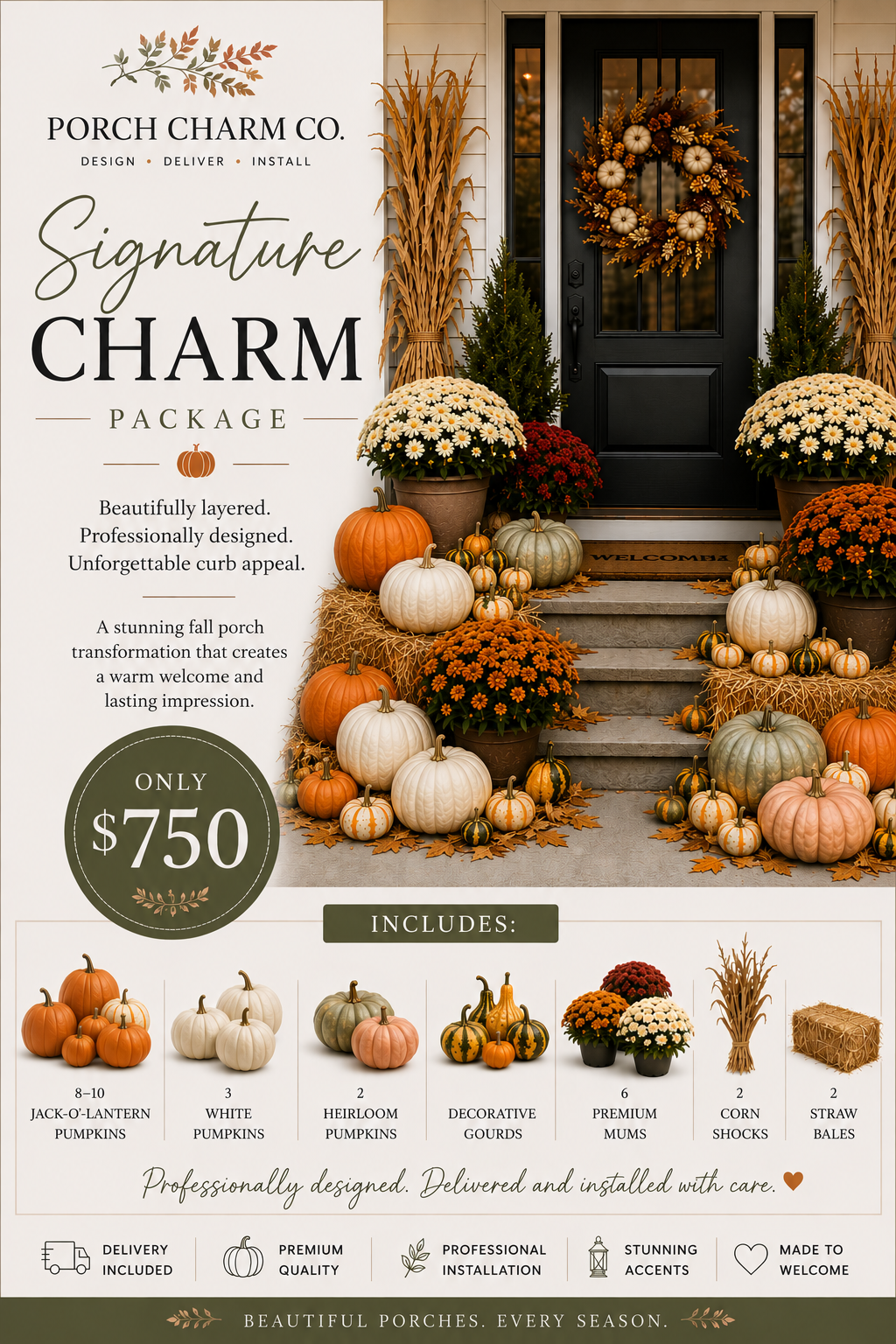 Fall porch decoration with pumpkins, mums, gourds, straw bales, and a pumpkin wreath on the door, promoting Porch Charm Co. signature package.