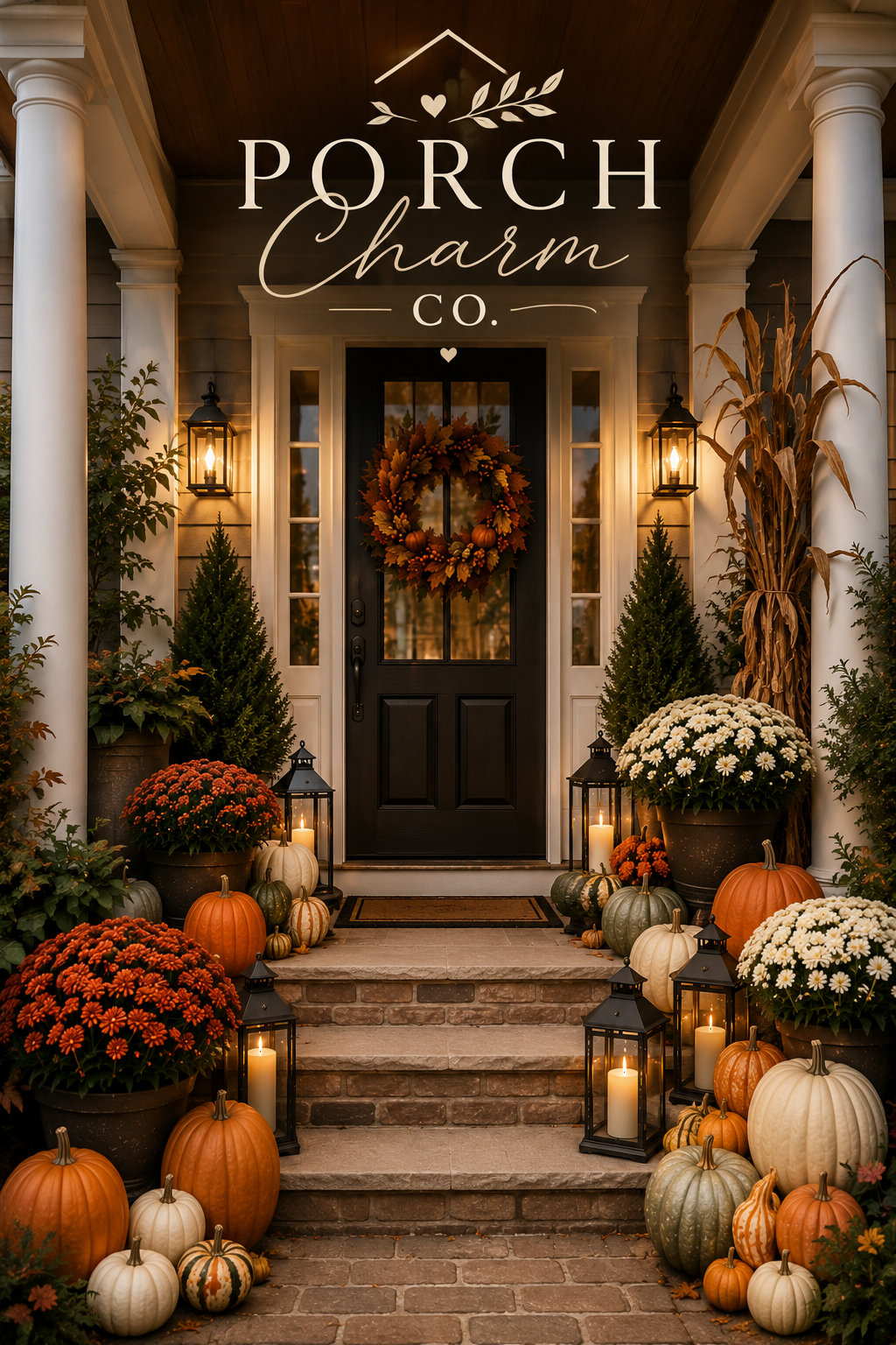 Decorated front porch for fall with pumpkins, mums, candles, and a wreath, featuring a black door and the sign 'Porch Charm Co.'