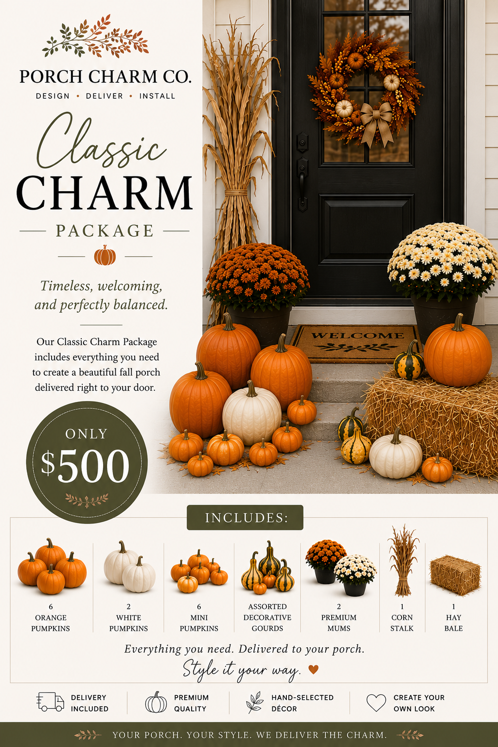 A fall porch decorated with pumpkins of various sizes and colors, potted chrysanthemums, a wreath on the door, and hay bales. An advertisement for Porch Charm Co. offers a classic charm package for porch decoration.