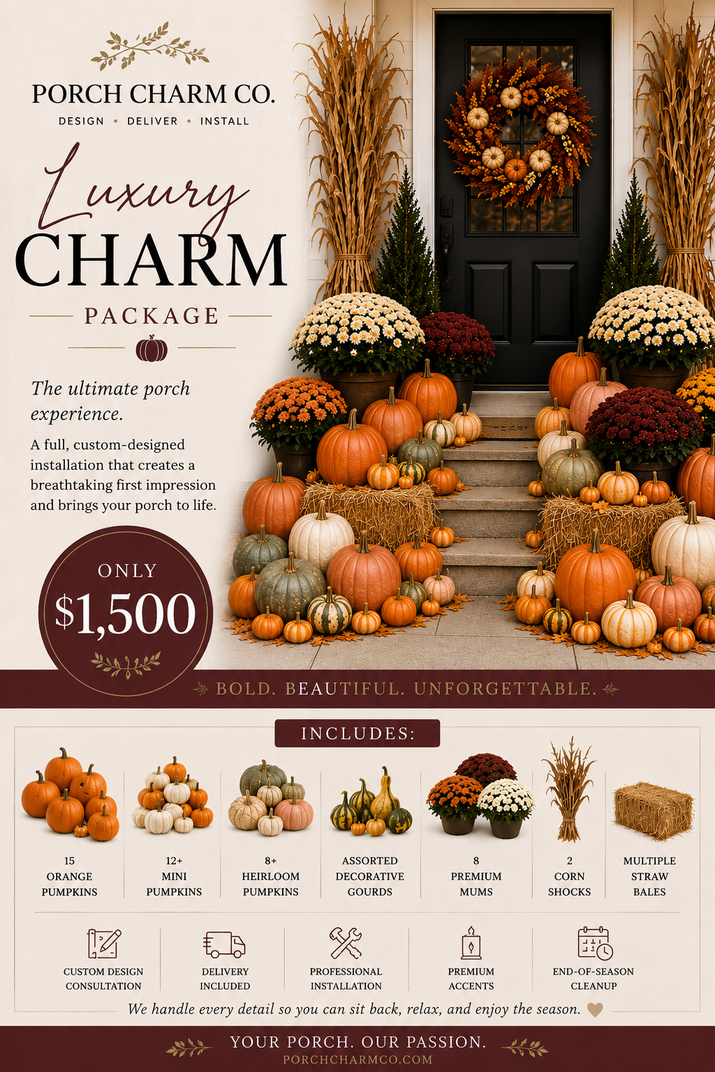 An advertisement for Porch Charm Co. showcasing a luxury porch decoration package with an autumn theme, featuring pumpkins, mums, cornstalks, and a Halloween wreath on a black door.