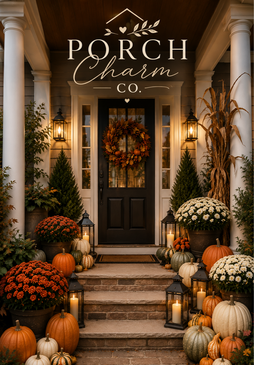 Decorative farmhouse-style front porch decorated for fall with pumpkins, mums, lanterns, and a wreath on the door.