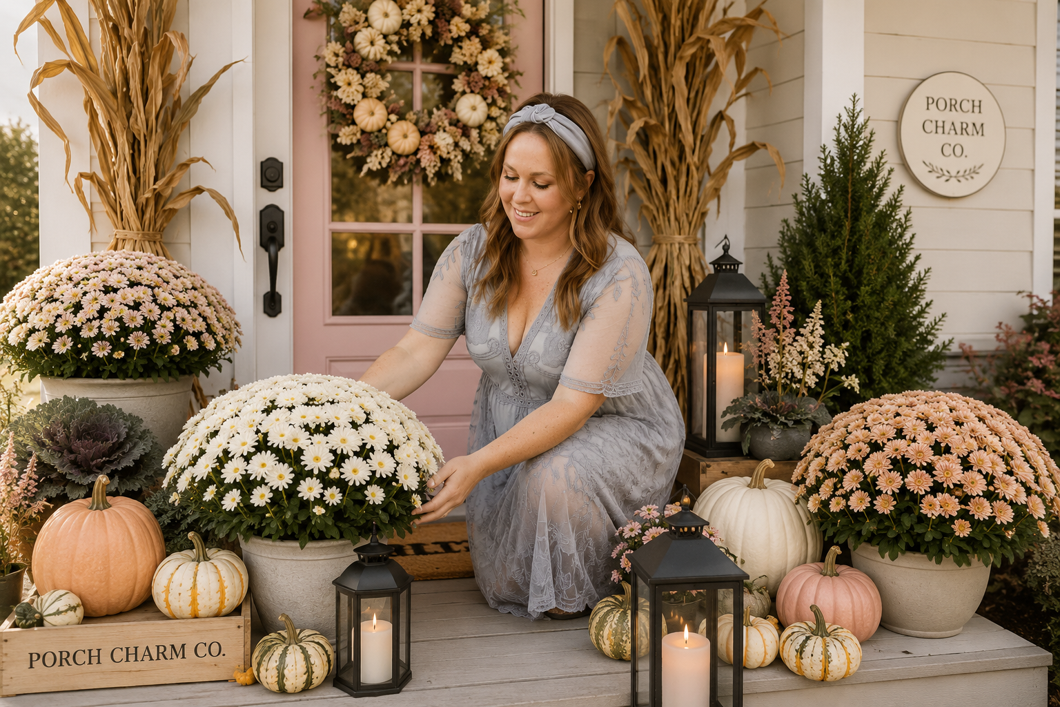 A woman kneeling on a porch surrounded by pumpkins and potted chrysanthemums, with candles and lanterns creating a cozy autumn scene.