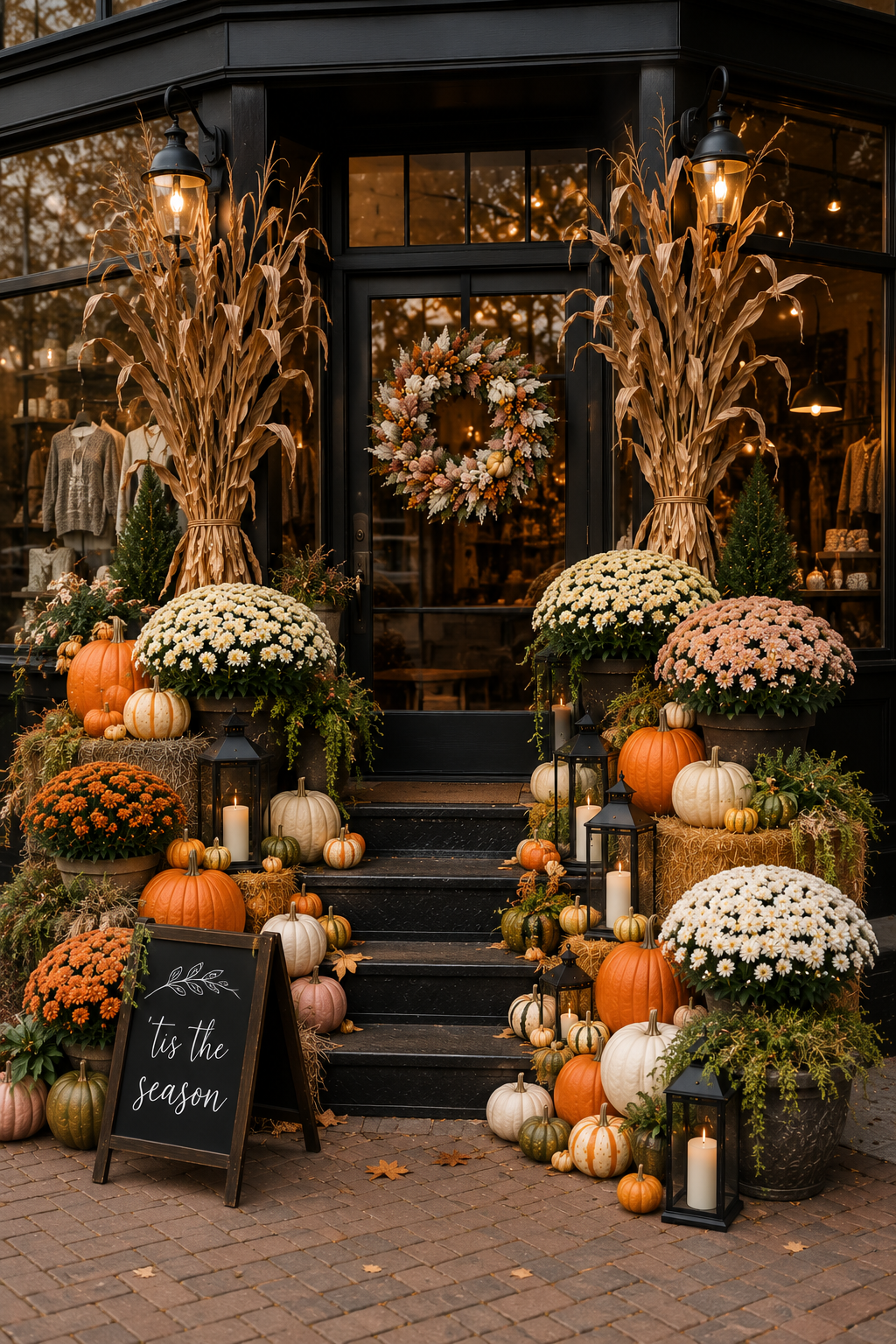 Fall decor outside a storefront featuring pumpkins, mums, corn stalks, candles, lanterns, and a chalkboard sign that says 'tis the season'.