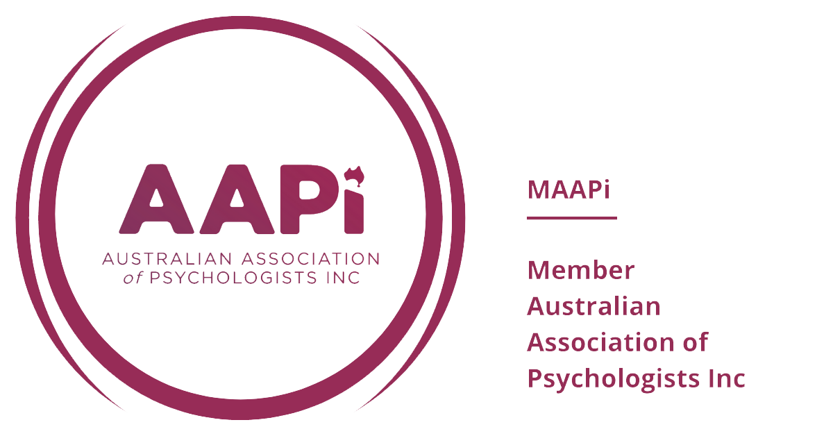 Logo for the Australian Association of Psychologists Inc, featuring a large purple circular design, the acronym "AAPI" with a kangaroo-shaped apostrophe, and text that reads with full name and membership details in purple.
