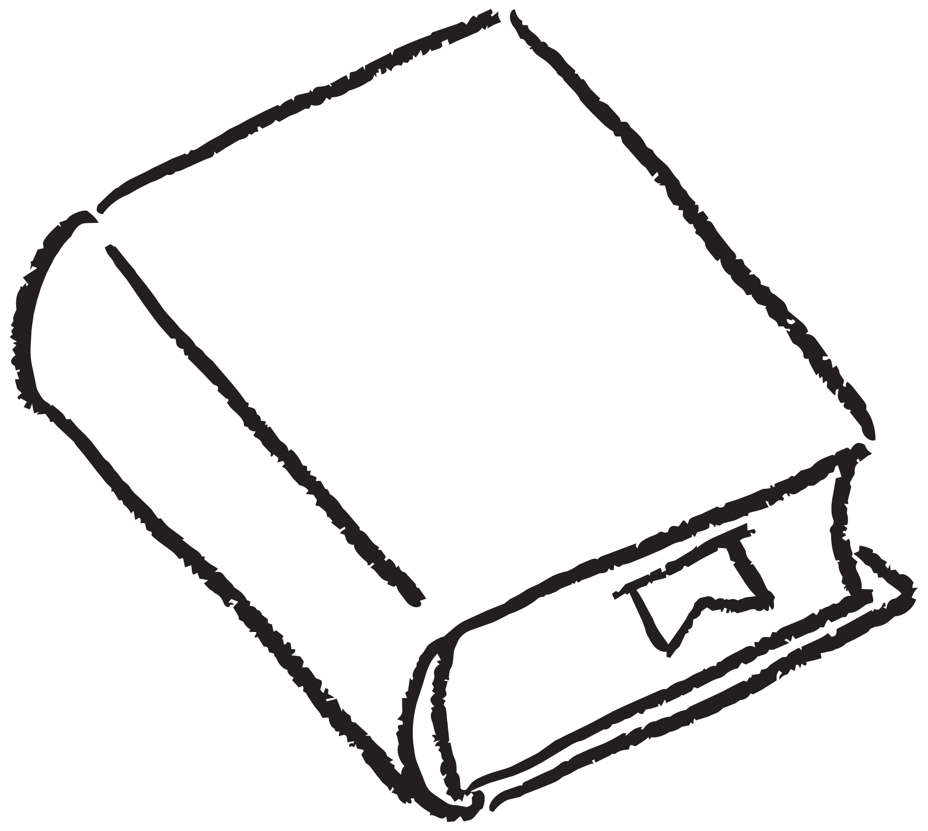 A black and white line drawing of a simple birdhouse with a sloped roof, a small circular entrance, and a perch below the entrance, mounted on a post.