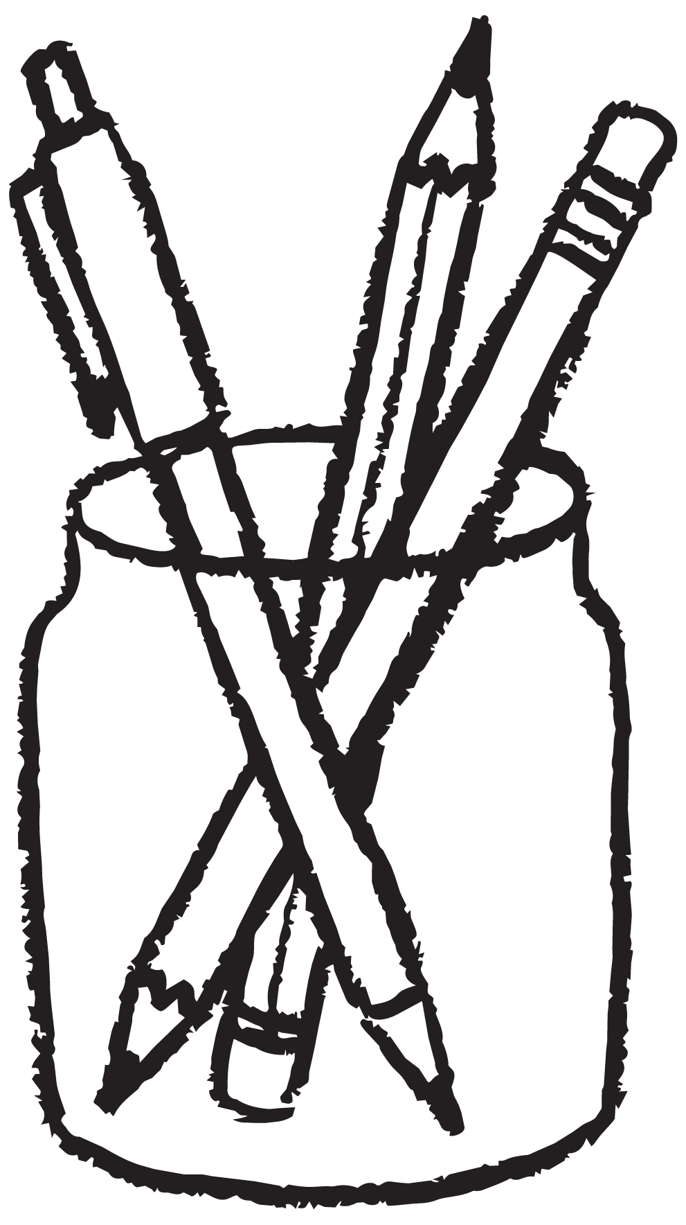 Outline drawing of a jar filled with various writing and drawing tools, including pens, pencils, and markers.