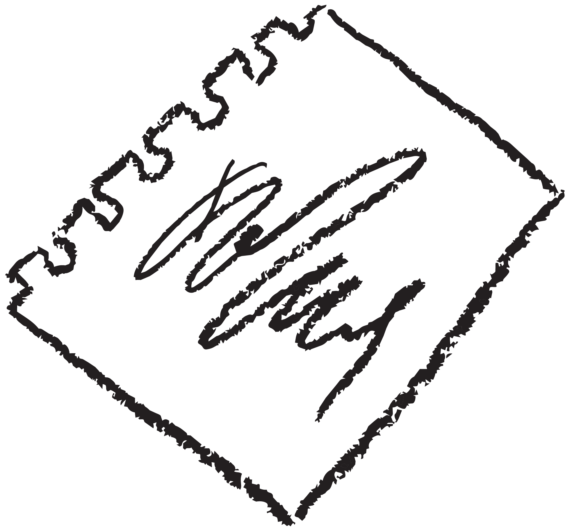 A black and white sketch of a diamond-shaped emblem with handwritten text inside.