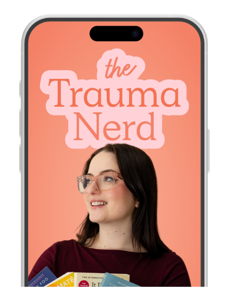 Smartphone screen displaying the title "The Trauma Nerd" with a woman wearing glasses and a maroon top holding books against a pink background.
