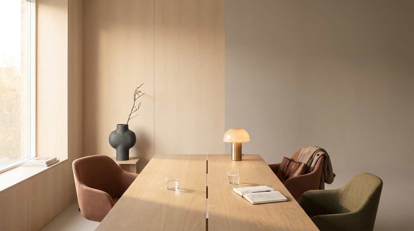 A minimalist conference room with a long wooden table, three chairs, a lamp, a black vase with a branch, and a window with a view of trees.