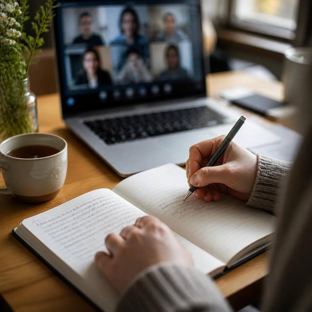 A person taking notes in a notebook during a virtual meeting on a laptop, with a cup of coffee and a vase of flowers on a wooden desk.
