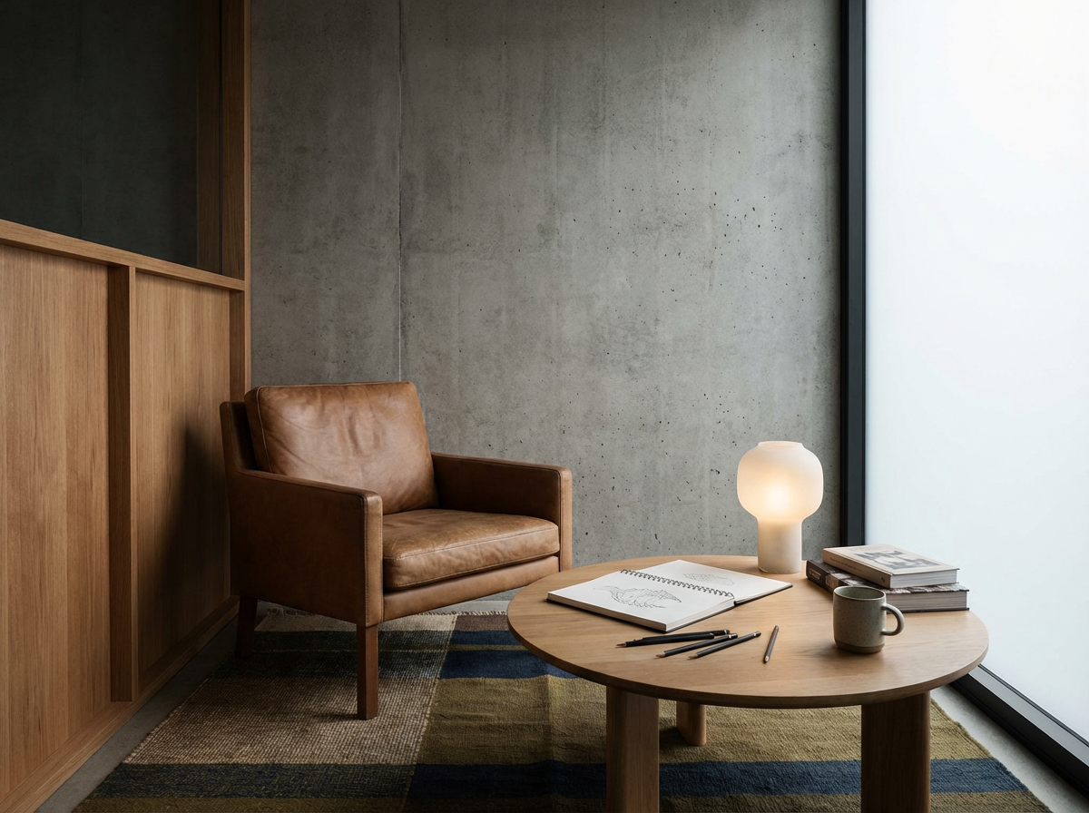 Un rincón acogedor con un sillón de cuero marrón, una mesa de centro de madera redonda con cuadernos de bocetos, bolígrafos, una taza y una lámpara, junto a un ventanal con vidrio esmerilado y una pared de hormigón.