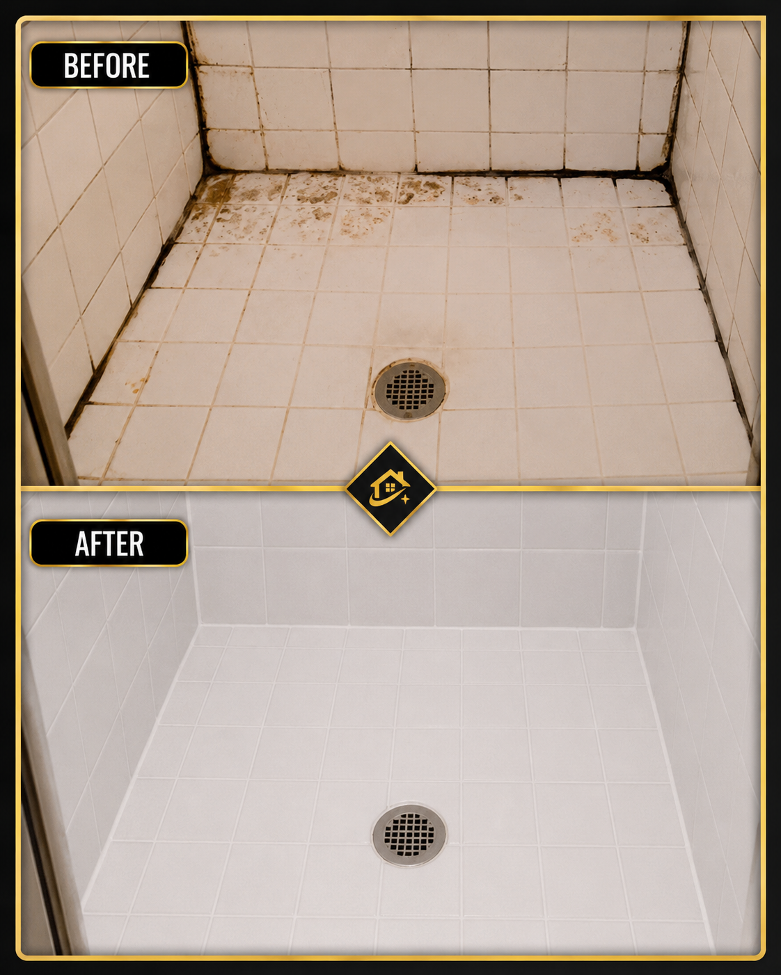 Comparison of a dirty, stained shower floor before cleaning, and a clean, spotless shower floor after cleaning.