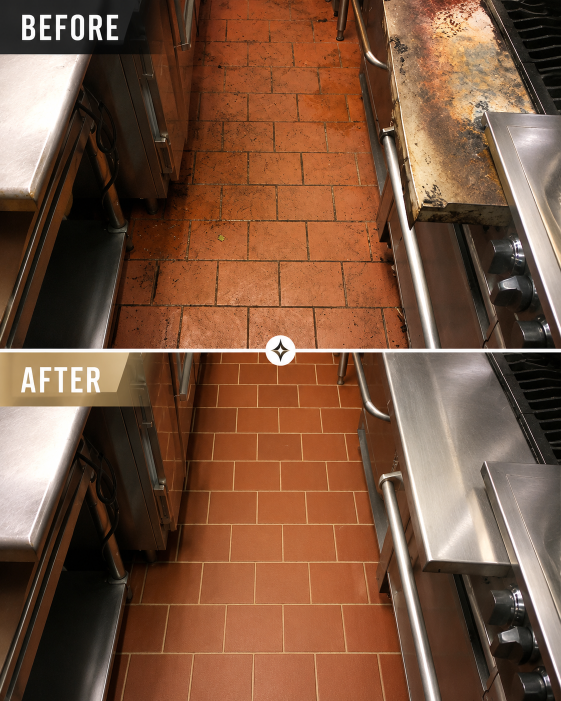 Comparison of a kitchen floor before and after cleaning, showing dirty, stained tiles in the top image and clean, spotless tiles in the bottom image.
