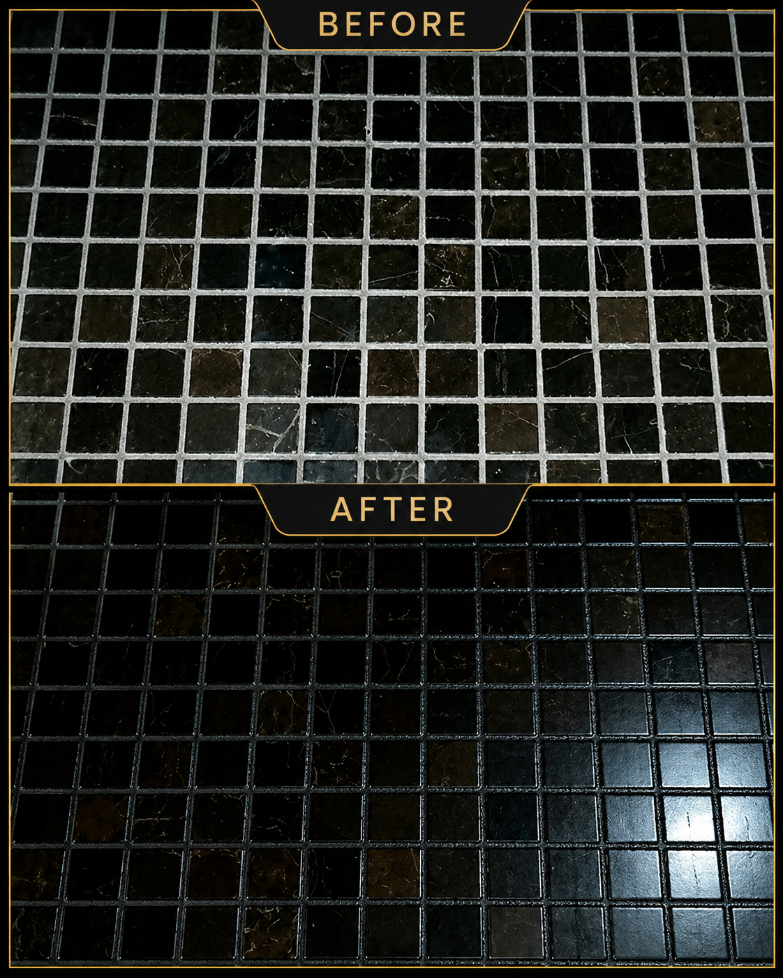 Comparison of a black tiled floor before and after cleaning, showing the cleaned tiles with a shiny, glossy surface.